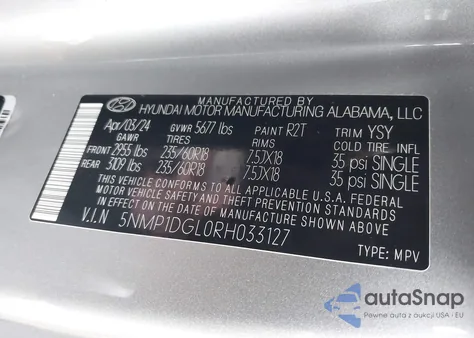 2024 Hyundai Santa Fe Se z USA, uszkodzony, nr VIN 5NMP1DGL0RH033127